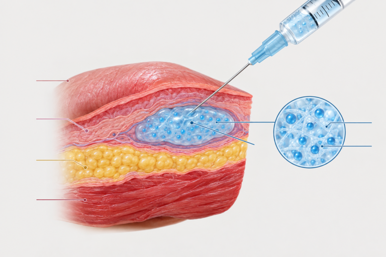 Medical illustration of hyaluronic acid lip filler being injected into lip tissue
