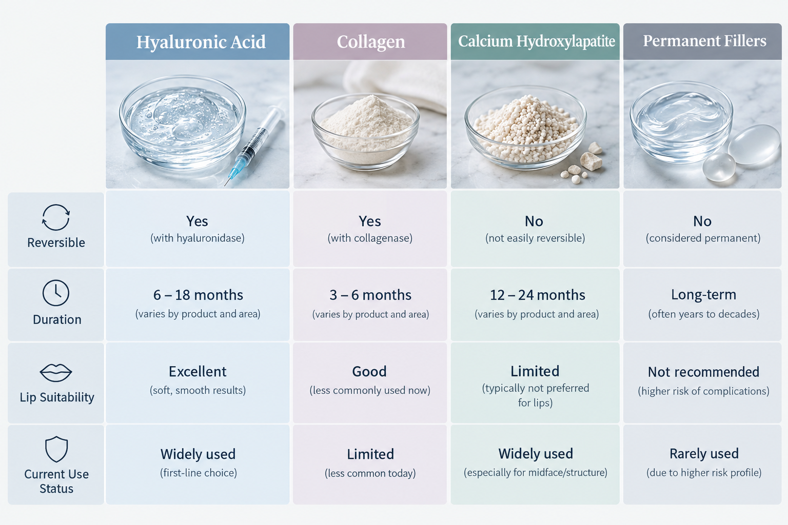 Comparison of lip filler materials including hyaluronic acid, collagen, and permanent fillers