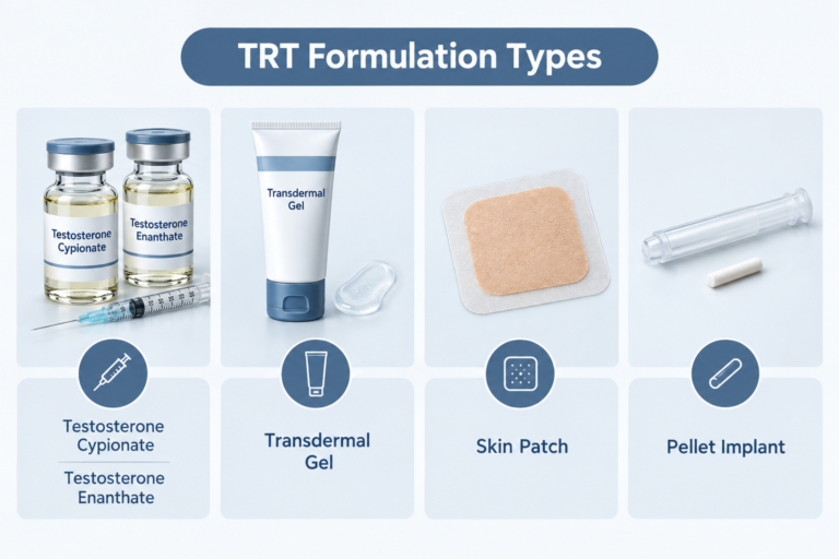 Overview of testosterone formulation types used in TRT including injections, gels, patches and