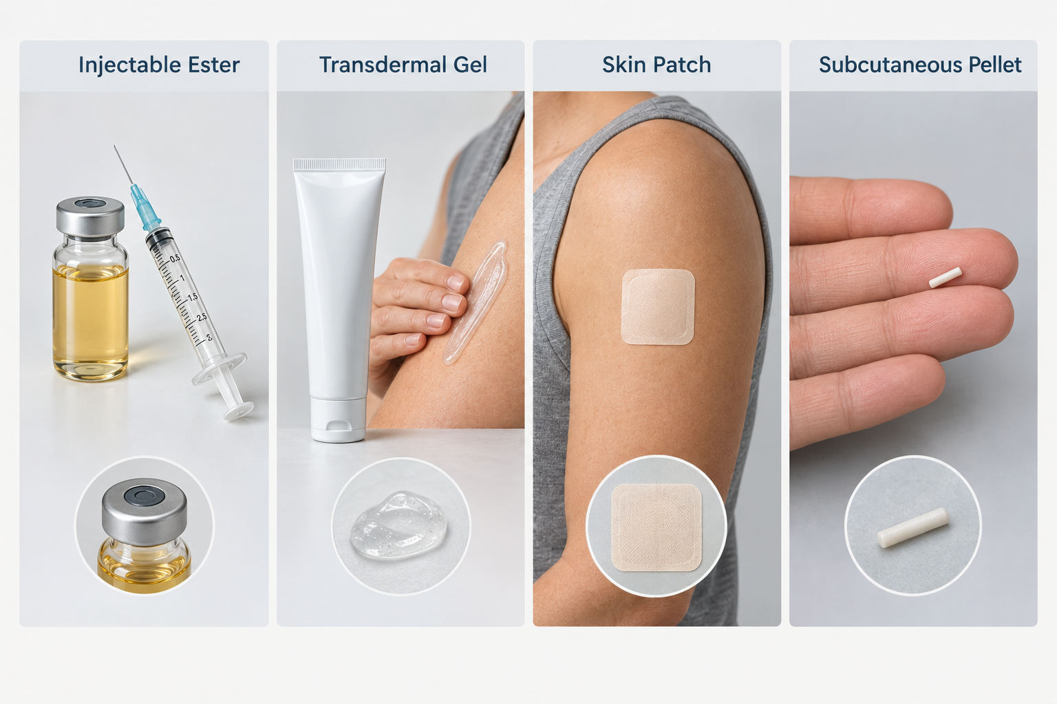 Comparison of TRT testosterone delivery methods: injection, gel, patch and subcutaneous pellet