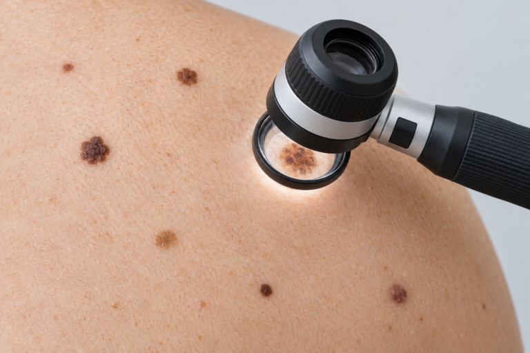 Dermoscope examining a mole on skin during a professional mole check