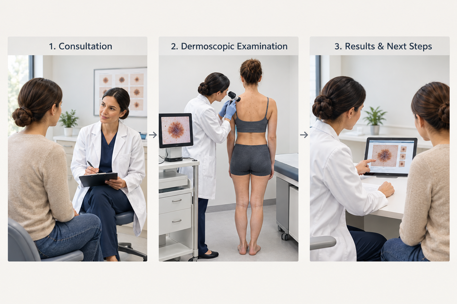 Three-step process of a professional mole check from consultation to dermoscopy to results