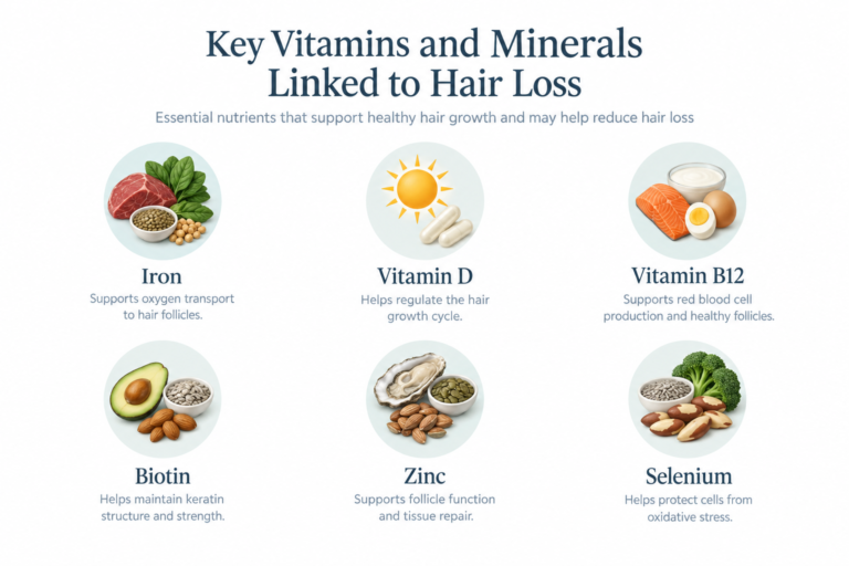 Infographic showing vitamins and minerals linked to hair loss including iron, vitamin D, B12, and