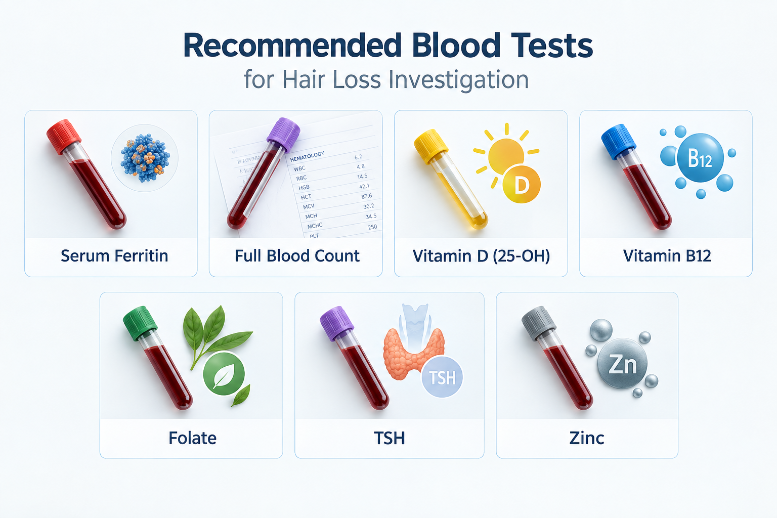 Fact cards listing blood tests for hair loss investigation including ferritin vitamin D B12 TSH