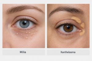 Comparison illustration of milia versus xanthelasma around the eye area