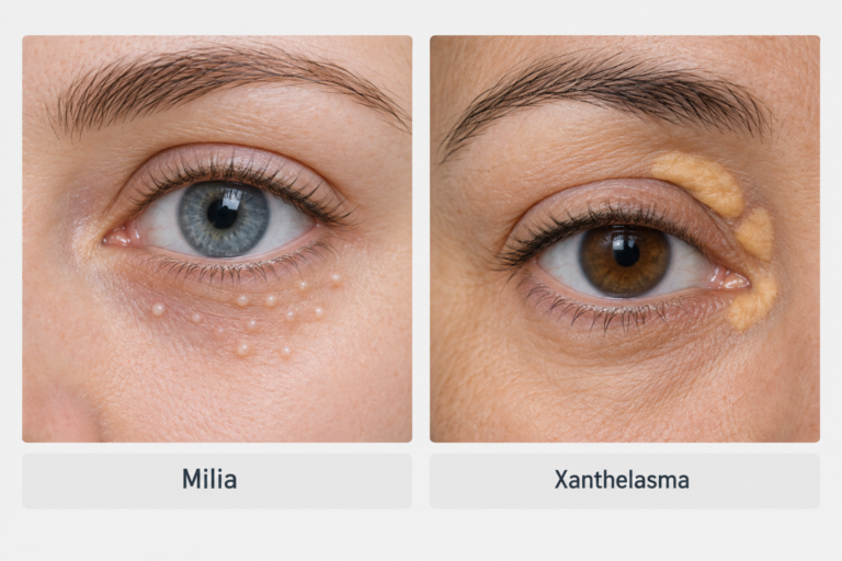 Comparison illustration of milia versus xanthelasma around the eye area