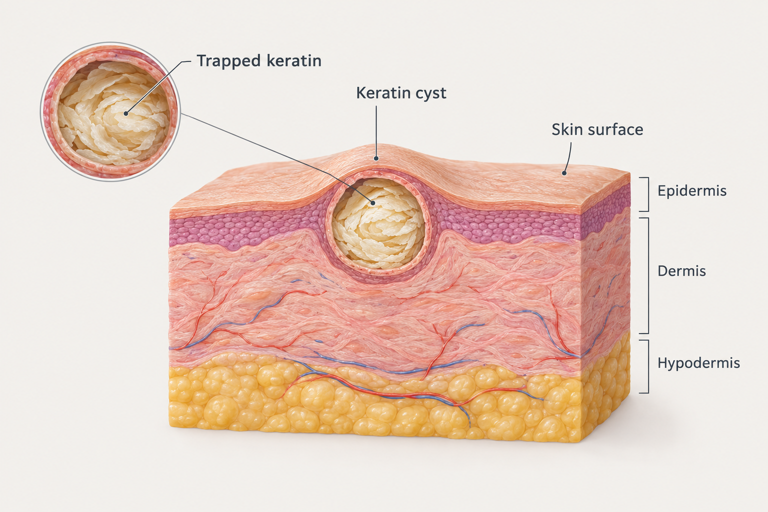 Diagram showing how a keratin-filled milia cyst forms beneath the skin surface
