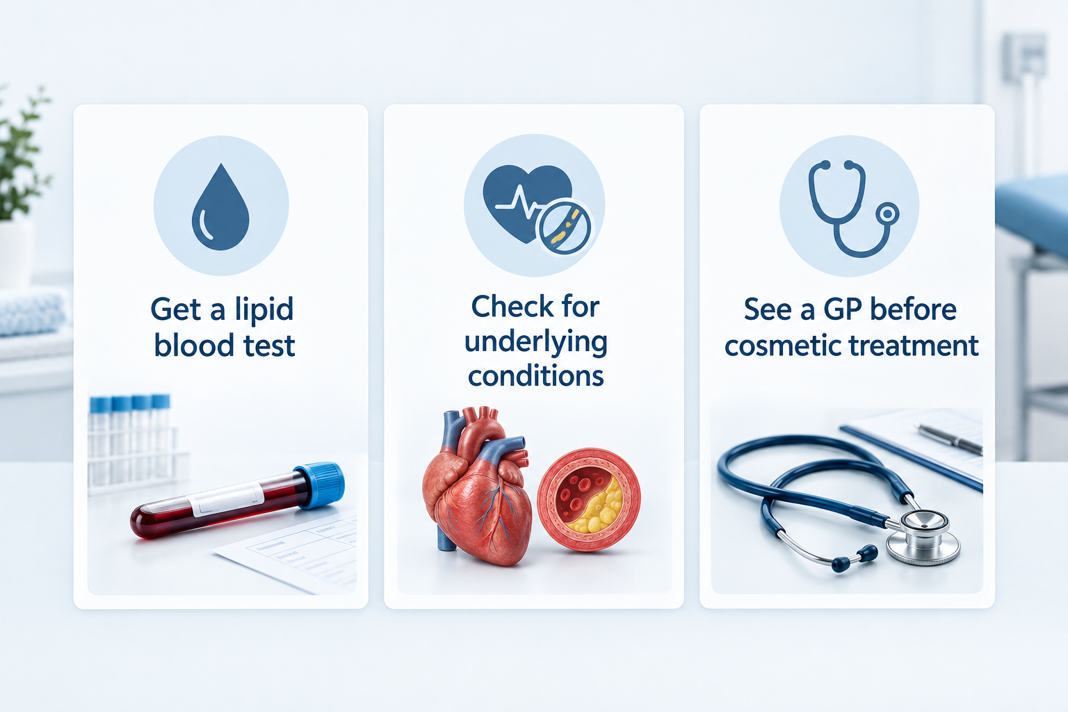 Fact cards advising patients with suspected xanthelasma to seek medical assessment first