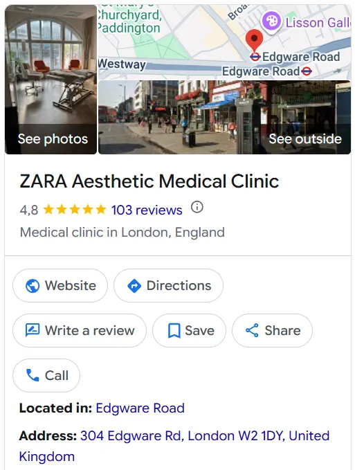 ZARA Aesthetic Medical Clinic Google Maps profile 